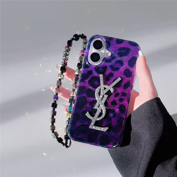 サンローラン ハイブランド iphone16 ケース ヒョウ柄  iphone16pro/16promax ケース 人気 女性 30 代 iphone15/14 ケース パープル ysl風 iphone13pro ケース ビーズチェーン付き - 画像 (2)