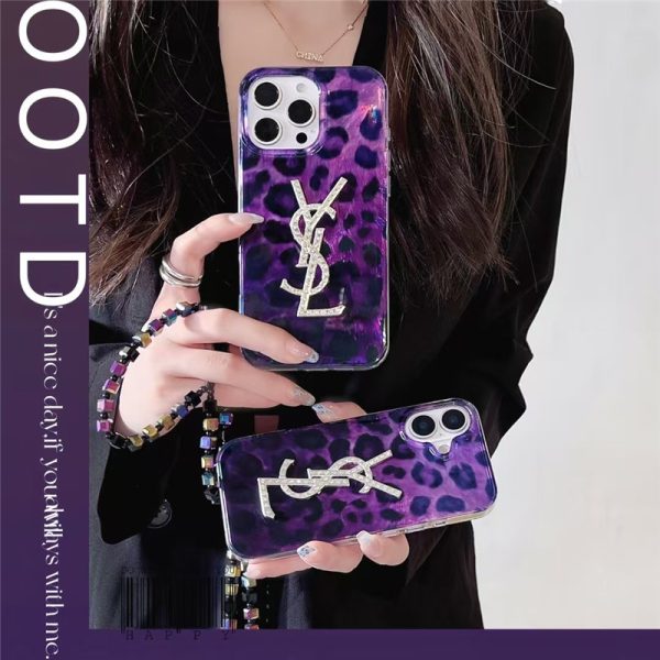 サンローラン ハイブランド iphone16 ケース ヒョウ柄  iphone16pro/16promax ケース 人気 女性 30 代 iphone15/14 ケース パープル ysl風 iphone13pro ケース ビーズチェーン付き - 画像 (7)